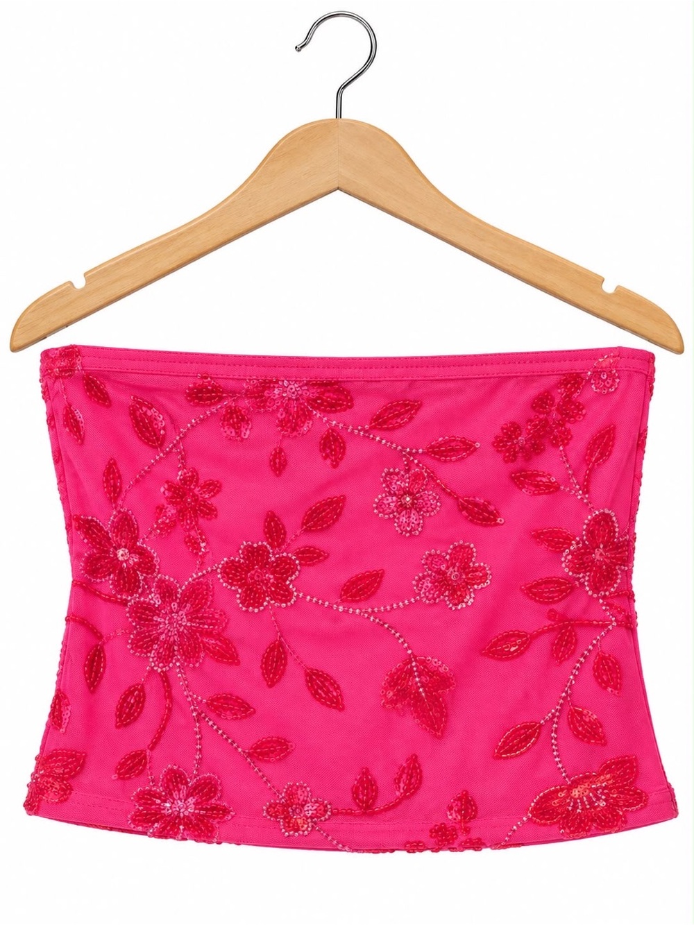 Strapless Beaded Floral Bustier Crop Top in Hot Pink